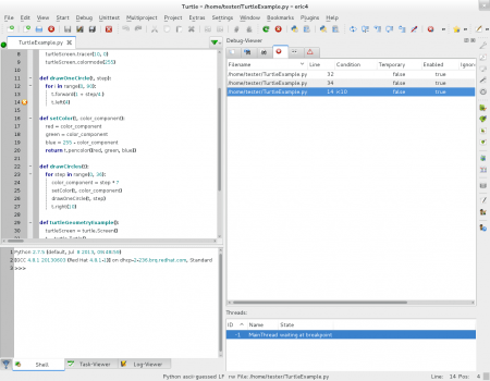 Obrázek 3: Ukázka některých možností specializovaného integrovaného vývojového prostředí Eric určeného pro jazyky Python a Ruby. Zde je konkrétně v pravé části screenshotu zobrazeno okno se seznamem breakpointů, z něhož je patrné, že jsou podporovány i breakpointy s podmínkou.