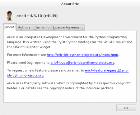 Obrázek 23: Dialog se základními informacemi o integrovaném vývojovém prostředí Eric zobrazený ihned po instalaci tohoto IDE do systému Fedora 19.